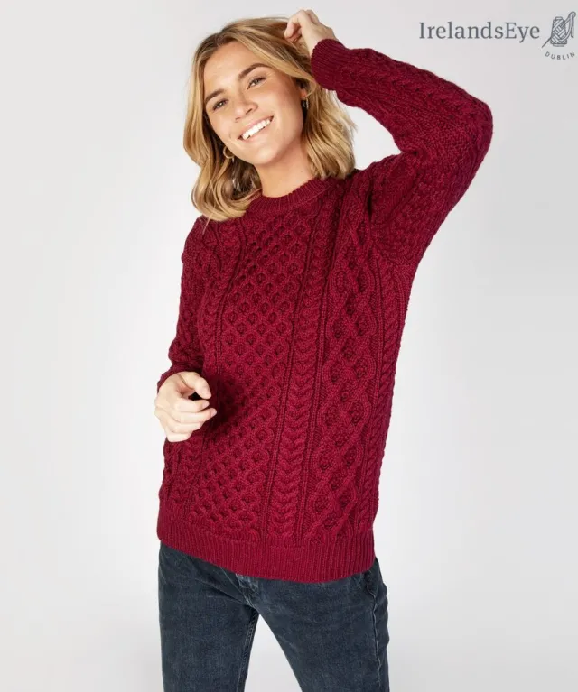 Womens Irish Knitwear|Womens Aran Fisherman Sweaters*Sweater Shop Unisex Heavyweight Aran Sweater Claret
