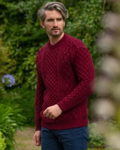 Mens Fisherman Sweaters|Mens Knitwear*Sweater Shop Unisex Heavyweight Aran Sweater Claret
