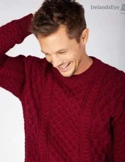 Mens Fisherman Sweaters|Mens Knitwear*Sweater Shop Unisex Heavyweight Aran Sweater Claret