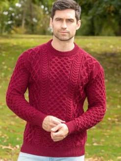 Mens Fisherman Sweaters|Mens Knitwear*Sweater Shop Unisex Heavyweight Aran Sweater Claret