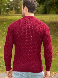 Mens Fisherman Sweaters|Mens Knitwear*Sweater Shop Unisex Heavyweight Aran Sweater Claret