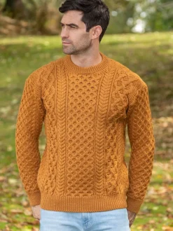 Mens Fisherman Sweaters|Mens Knitwear*Sweater Shop Unisex Heavyweight Aran Sweater - Golden Ochre