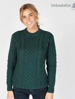 Womens Irish Knitwear|Womens Aran Fisherman Sweaters*Sweater Shop Unisex Heavyweight Aran Sweater - Evergreen