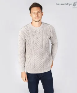 Mens Fisherman Sweaters|Mens Knitwear*Sweater Shop Unisex Heavyweight Aran Sweater - Silver Marl