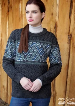 Mens Fisherman Sweaters|Mens Knitwear*Sweater Shop Unisex Jacquard Crew 100% Merino Wool Charcoal