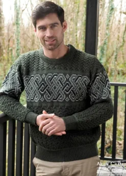 Mens Fisherman Sweaters|Mens Knitwear*Sweater Shop Unisex Jacquard Crew 100% Merino Wool Army