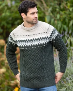 Mens Knitwear|Mens Fisherman Sweaters*Sweater Shop Unisex Merino Wool Aran Fairisle Sweater Army Green