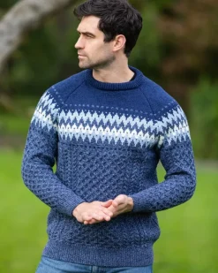 Mens Knitwear|Mens Fisherman Sweaters*Sweater Shop Unisex Merino Wool Aran Fairisle Sweater Denim