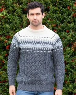 Mens Knitwear|Mens Fisherman Sweaters*Sweater Shop Unisex Merino Wool Aran Fairisle Sweater Slate