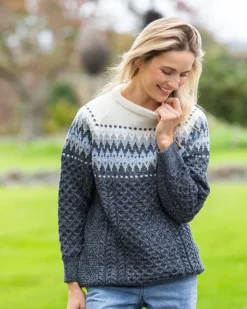 Womens Irish Knitwear|Womens Aran Fisherman Sweaters*Sweater Shop Unisex Merino Wool Aran Fairisle Sweater Slate