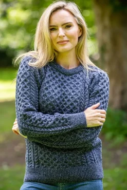 Womens Aran Fisherman Sweaters*Sweater Shop Unisex Merino Wool Aran Sweater Denim Marl