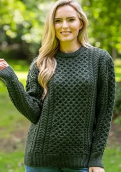 Womens Aran Fisherman Sweaters*Sweater Shop Unisex Merino Wool Aran Sweater Army Green