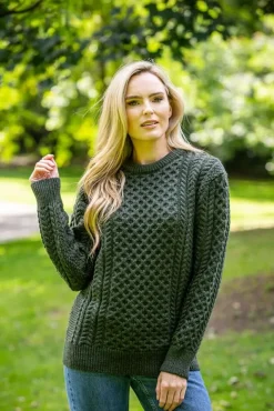 Womens Aran Fisherman Sweaters*Sweater Shop Unisex Merino Wool Aran Sweater Army Green