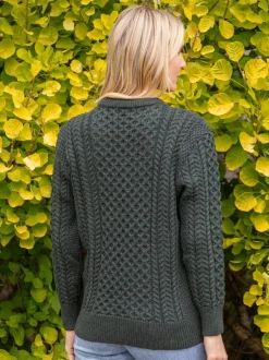 Womens Aran Fisherman Sweaters*Sweater Shop Unisex Merino Wool Aran Sweater Army Green