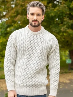 Mens Fisherman Sweaters|Mens Knitwear*Sweater Shop Unisex Merino Wool Aran Sweater - Natural