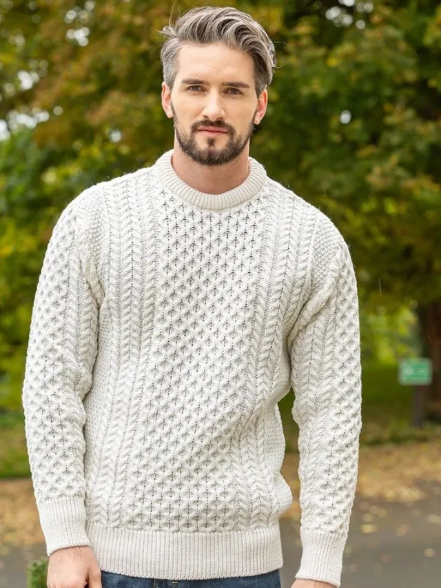Mens Fisherman Sweaters|Mens Knitwear*Sweater Shop Unisex Merino Wool Aran Sweater - Natural