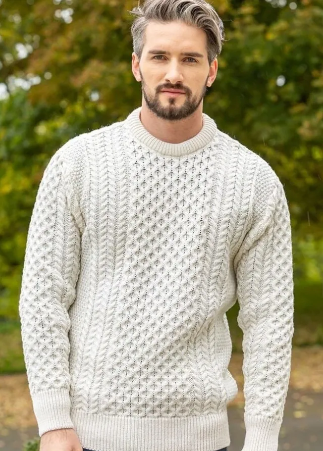 Mens Fisherman Sweaters|Mens Knitwear*Sweater Shop Unisex Merino Wool Aran Sweater - Natural