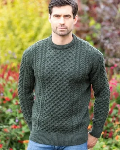 Mens Fisherman Sweaters|Mens Knitwear*Sweater Shop Unisex Merino Wool Aran Sweater - Army Green