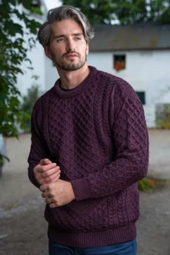 Mens Fisherman Sweaters|Mens Knitwear*Sweater Shop Unisex Merino Wool Aran Sweater Damson