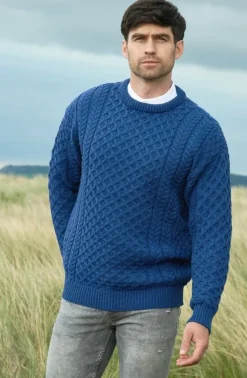 Mens Fisherman Sweaters|Mens Knitwear*Sweater Shop Unisex Merino Wool Aran Sweater Denim Blue
