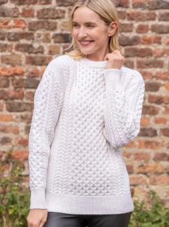 Womens Irish Knitwear|Womens Aran Fisherman Sweaters*Sweater Shop Unisex Merino Wool Aran Sweater Natural