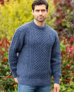 Mens Fisherman Sweaters|Mens Knitwear*Sweater Shop Unisex Merino Wool Aran Sweater Denim Marl