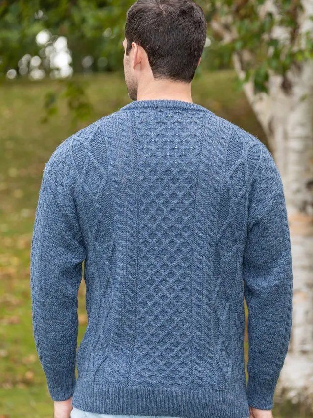 Mens Fisherman Sweaters|Mens Knitwear*Sweater Shop Unisex Merino Wool Aran Sweater Denim Marl