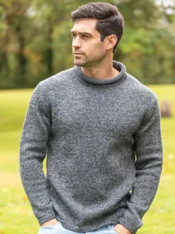 Mens Fisherman Sweaters*Sweater Shop Unisex Roll Neck Merino Wool Sweater Slate