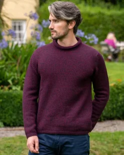 Mens Fisherman Sweaters|Mens Knitwear*Sweater Shop Unisex Roll Neck Sweater Merino Wool Dark Berry
