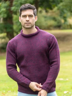 Mens Fisherman Sweaters|Mens Knitwear*Sweater Shop Unisex Roll Neck Sweater Merino Wool Dark Berry