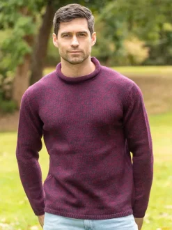 Mens Fisherman Sweaters|Mens Knitwear*Sweater Shop Unisex Roll Neck Sweater Merino Wool Dark Berry