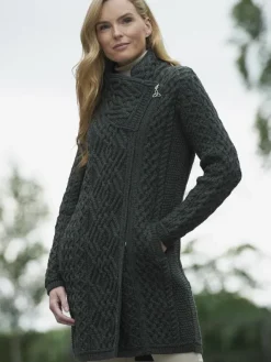 Womens Irish Knitwear|Ladies Cardigans*Sweater Shop Womens Aran sweater Coat side zip