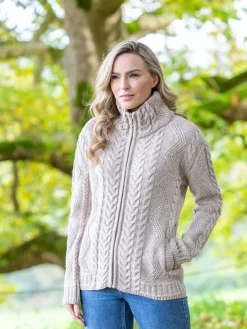 Womens Irish Knitwear*Sweater Shop Womens Cable Knit Cardigan with Claddagh Zip