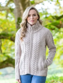 Womens Irish Knitwear*Sweater Shop Womens Cable Knit Cardigan with Claddagh Zip