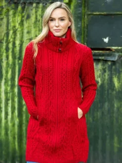 Womens Aran & Tweed Coats|Womens Irish Knitwear*Sweater Shop Womens Long Fitted Aran Coat - Red