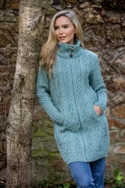 Womens Irish Knitwear|Ladies Cardigans*Sweater Shop Womens Long Fitted Aran Coat - Aqua