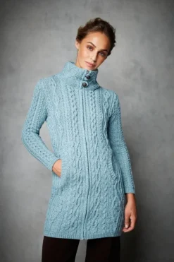 Womens Irish Knitwear|Ladies Cardigans*Sweater Shop Womens Long Fitted Aran Coat - Aqua