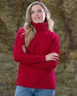 Womens Irish Knitwear*Sweater Shop Womens Turtleneck Sweater Merino Wool Red
