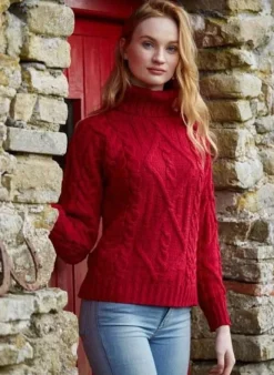 Womens Irish Knitwear*Sweater Shop Womens Turtleneck Sweater Merino Wool Red