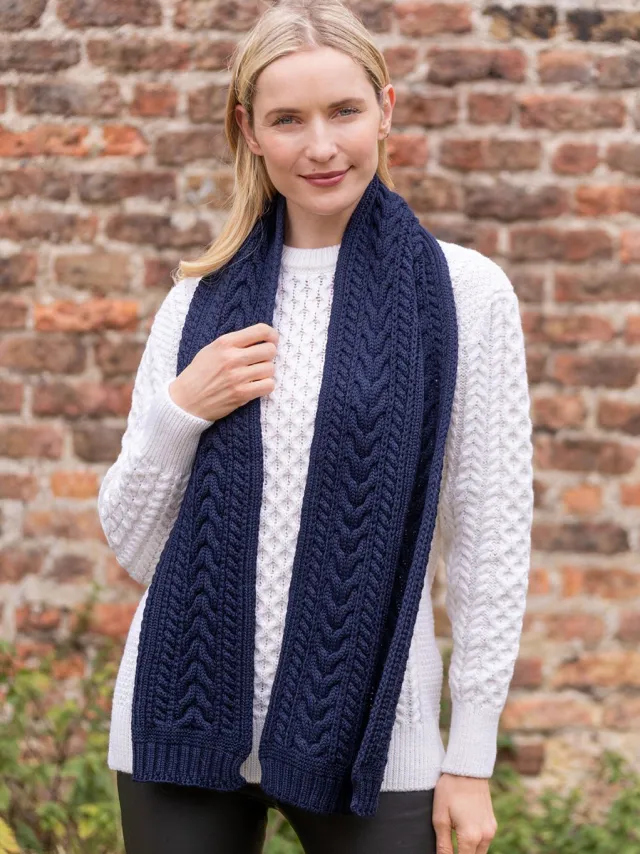 Ladies Wool Cashmere Scarves|Ladies Aran Scarves*Sweater Shop Wool and Cashmere Aran Scarf Navy