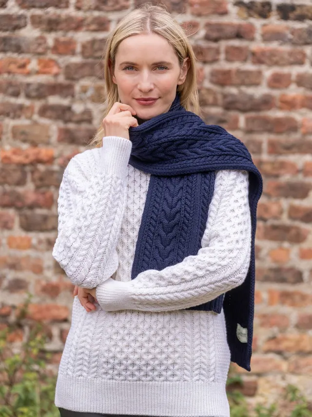 Ladies Wool Cashmere Scarves|Ladies Aran Scarves*Sweater Shop Wool and Cashmere Aran Scarf Navy