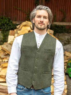 Mens Waistcoats*Sweater Shop Wool Blend Lined Waistcoat Olive Herringbone